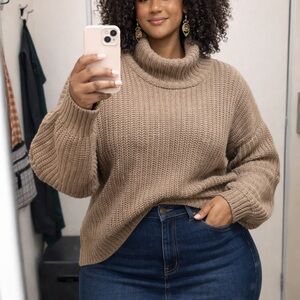 Free People Earth Tone Chunky Knit Mock Neck Sweater Oversized Pullover Boho